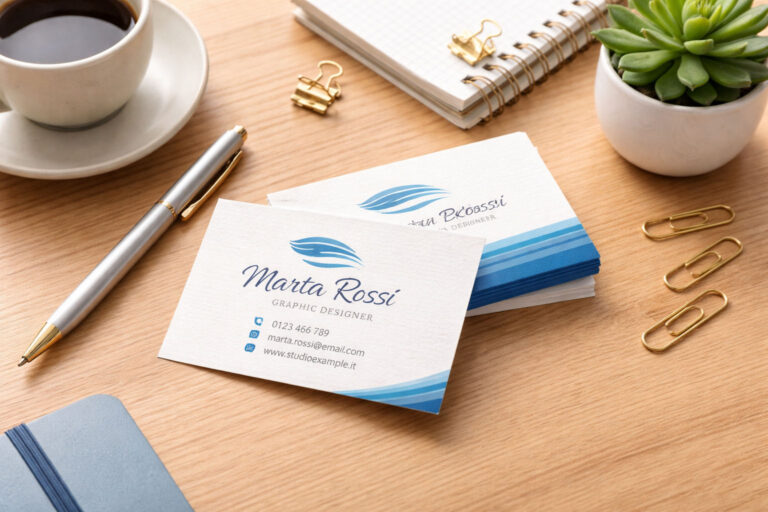 Biglietti da visita professionali disposti su una scrivania da ufficio