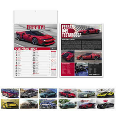 Calendario Auto Sportive PA162 con fronte, retro tecnico e supercar dei 12 mesi
