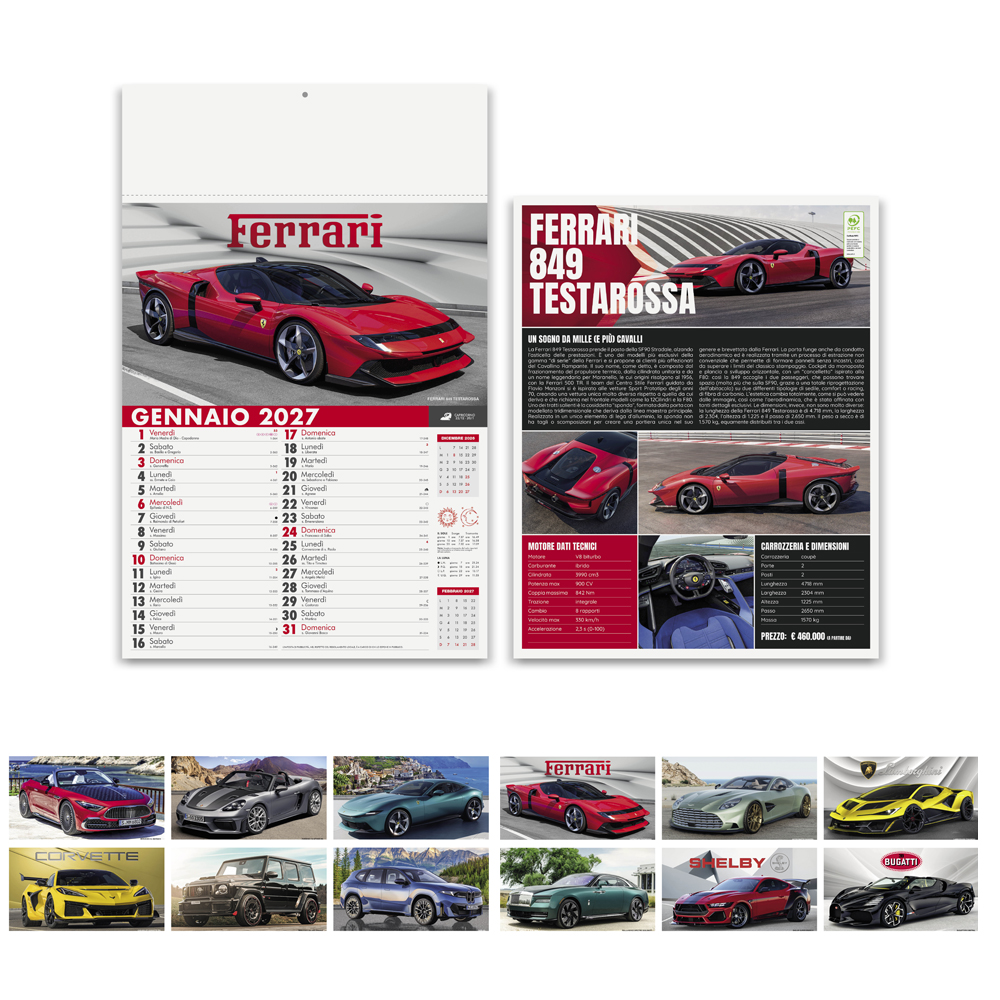 Calendario Auto Sportive PA162 con fronte, retro tecnico e supercar dei 12 mesi