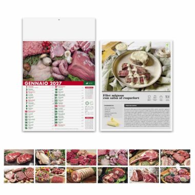 Calendario Carni PA142 con fronte, retro con ricetta e immagini delle carni dei 12 mesi