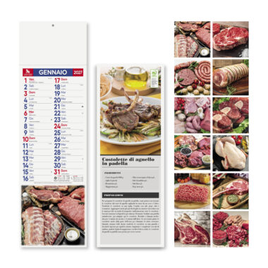 Calendario Carni Silhouette PA189 con fronte, retro con ricetta e carni dei 12 mesi