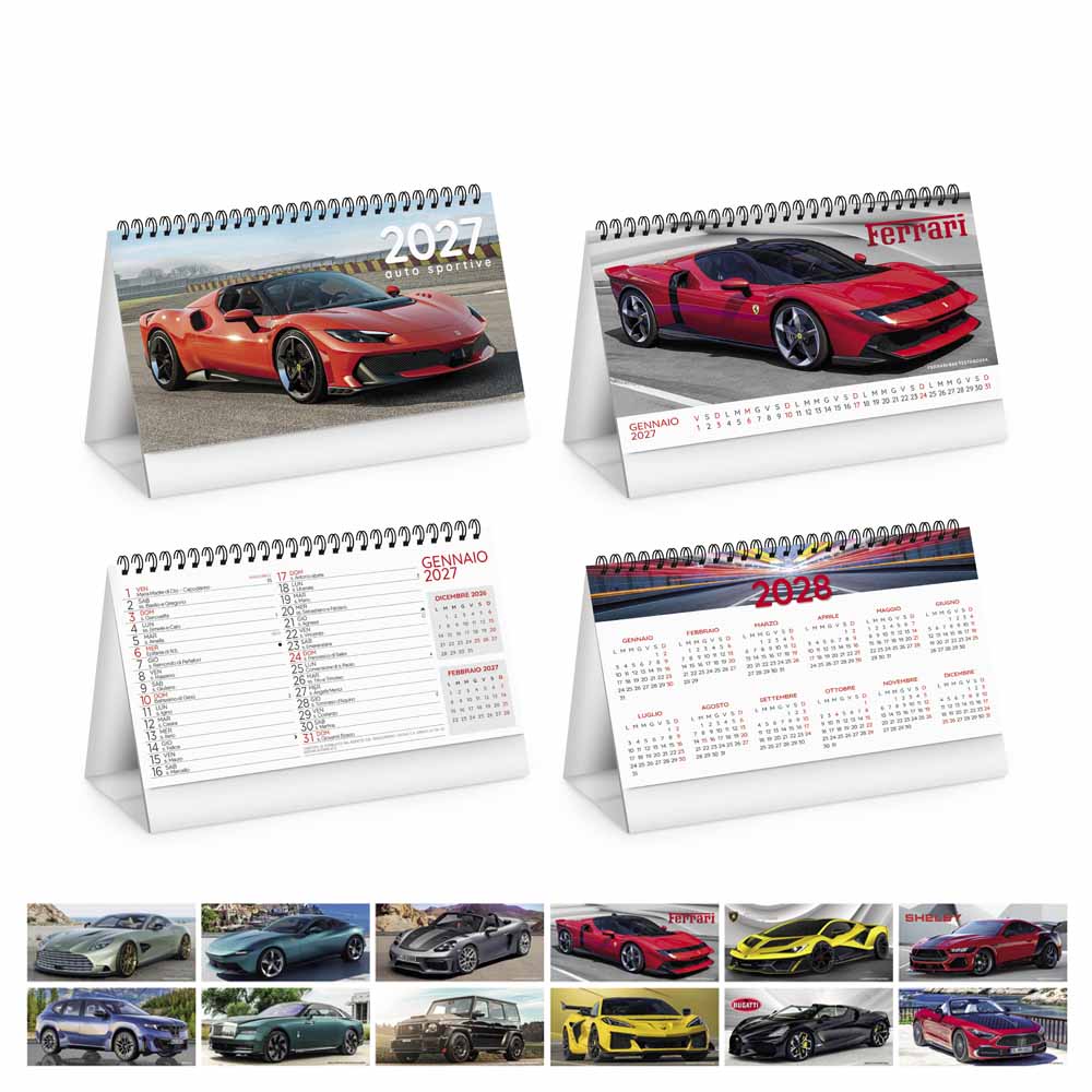Calendario da tavolo Auto Sportive PA406 con supercar, datario e tabella annuale