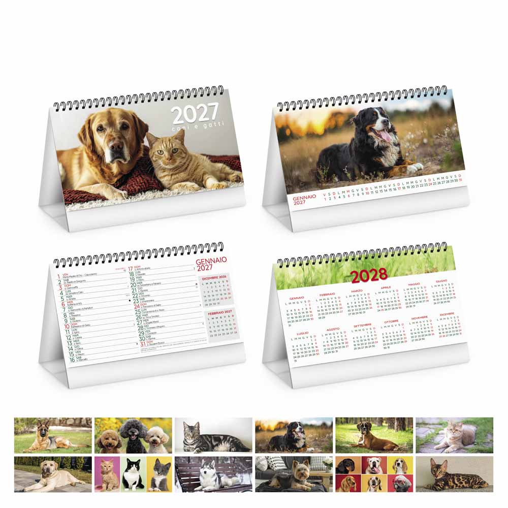 Calendario da tavolo Cani e Gatti PA403 con fotografie dei mesi e tabella annuale