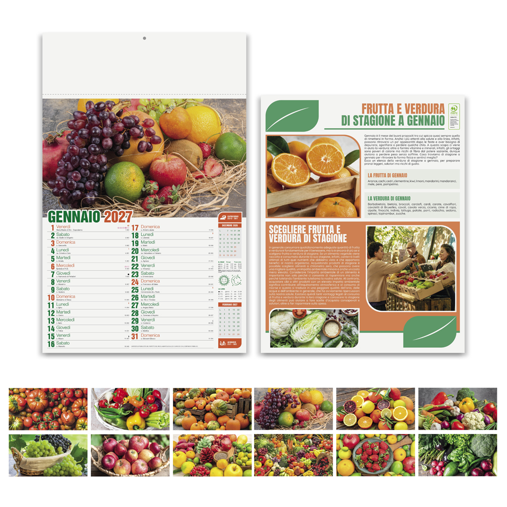 Calendario Frutta e Verdura PA146 con fronte, retro sulla stagionalità e immagini dei 12 mesi