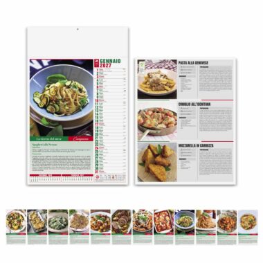 Calendario Gastronomia PA132 con fronte, retro e ricette italiane dei 12 mesi