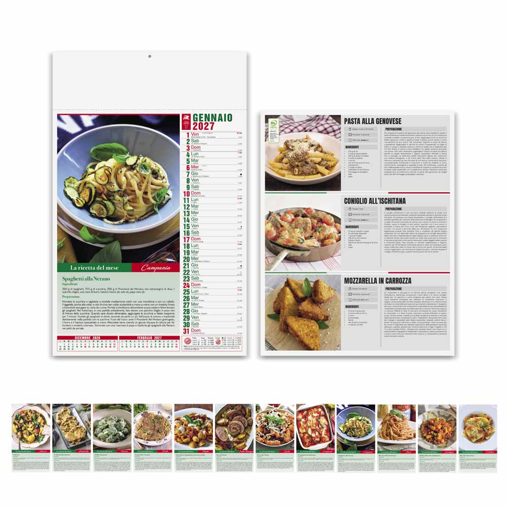 Calendario Gastronomia PA132 con fronte, retro e ricette italiane dei 12 mesi