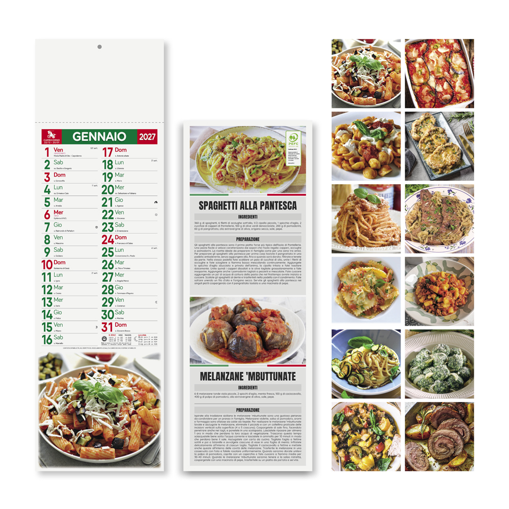 Calendario Gastronomia Silhouette PA187 con fronte, retro con ricette e piatti dei 12 mesi