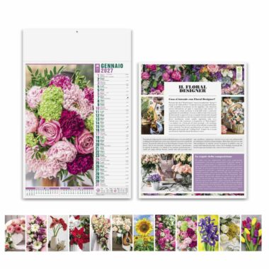 Calendario illustrato Fiori PA103 con fronte, retro e composizioni floreali dei 12 mesi