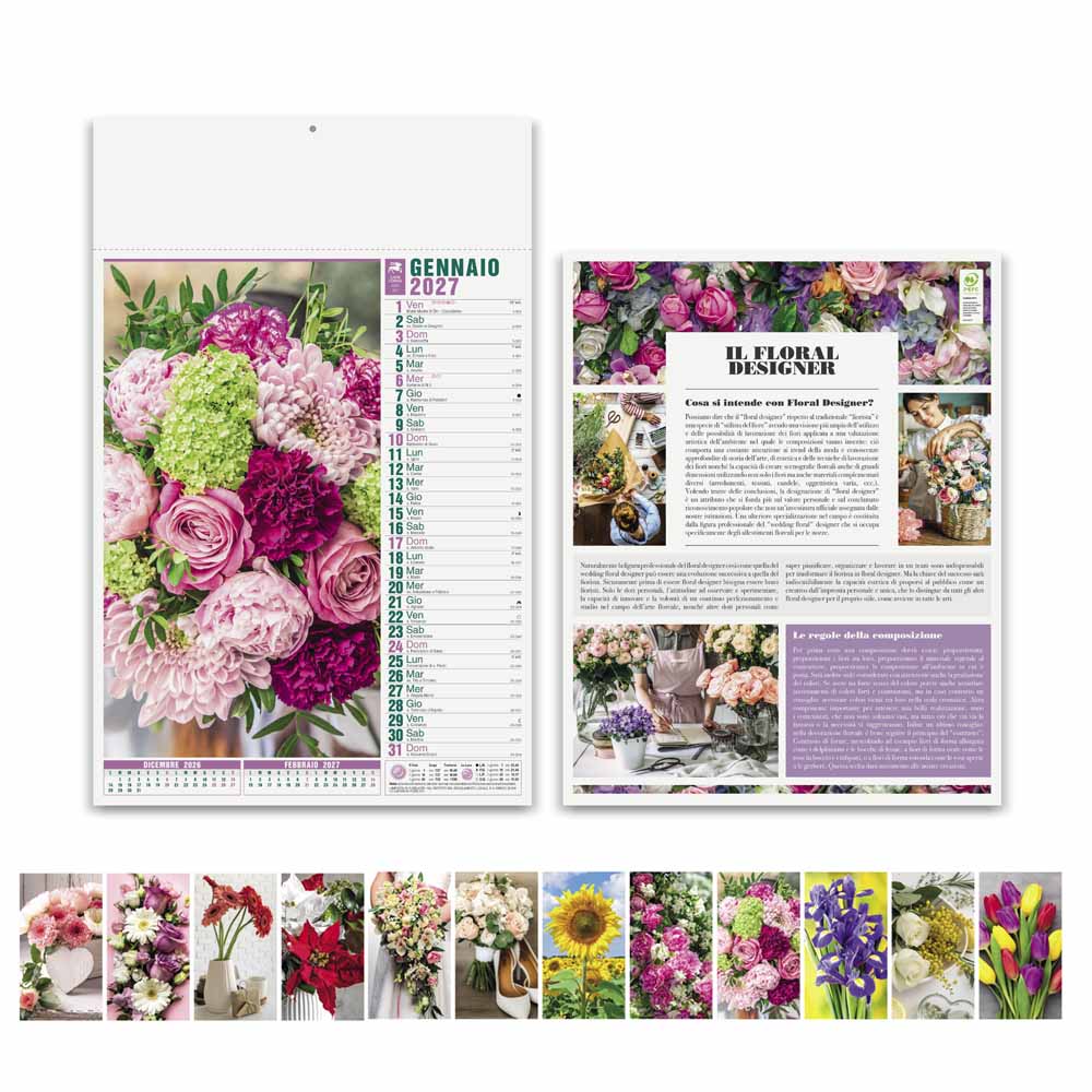 Calendario illustrato Fiori PA103 con fronte, retro e composizioni floreali dei 12 mesi