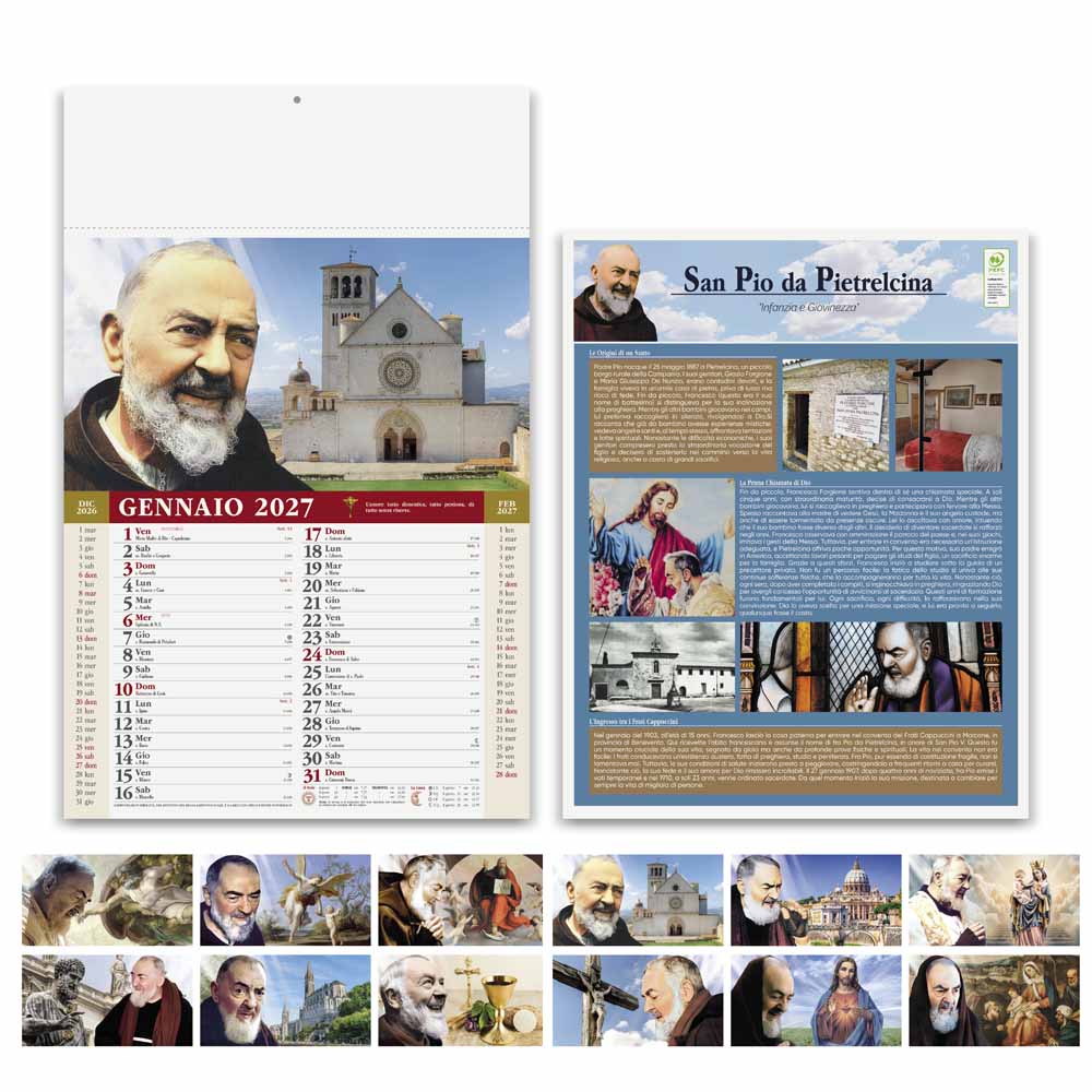 Calendario illustrato San Pio PA100 con fronte, retro e immagini dei 12 mesi