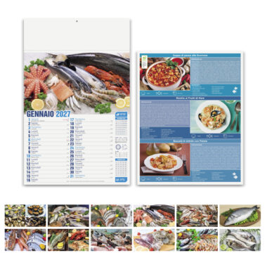 Calendario Mare in Tavola PA144 con fronte, retro con ricette di pesce e immagini dei 12 mesi