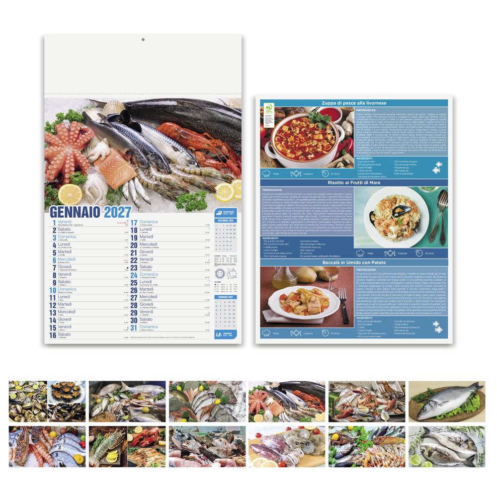 Calendario Mare in Tavola PA144 con fronte, retro con ricette di pesce e immagini dei 12 mesi