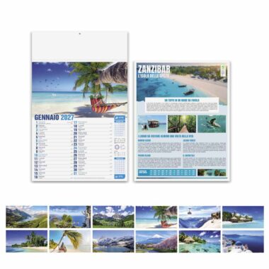 Calendario Mete da Sogno PA117 con fronte, retro su Zanzibar e paesaggi dei 12 mesi