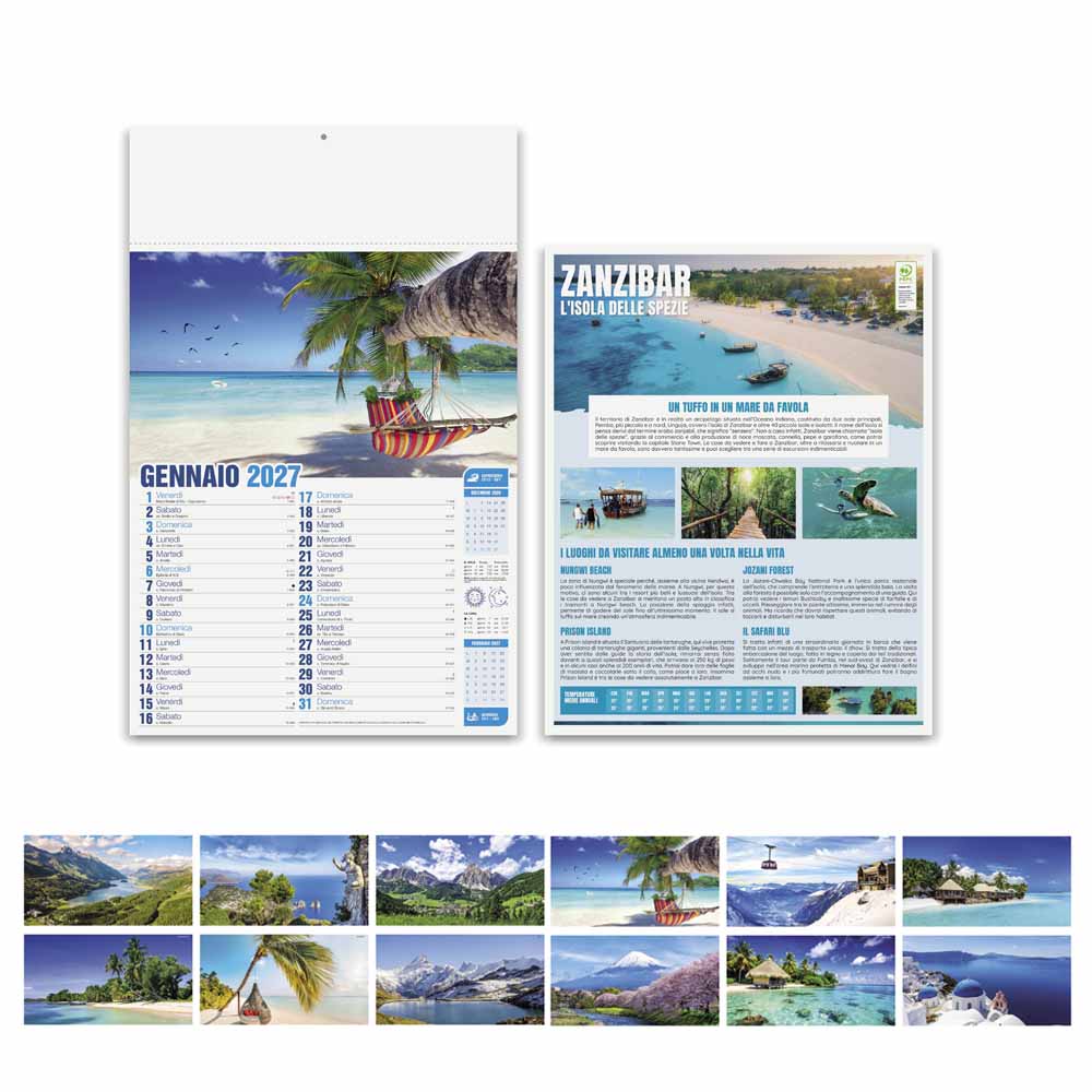 Calendario Mete da Sogno PA117 con fronte, retro su Zanzibar e paesaggi dei 12 mesi