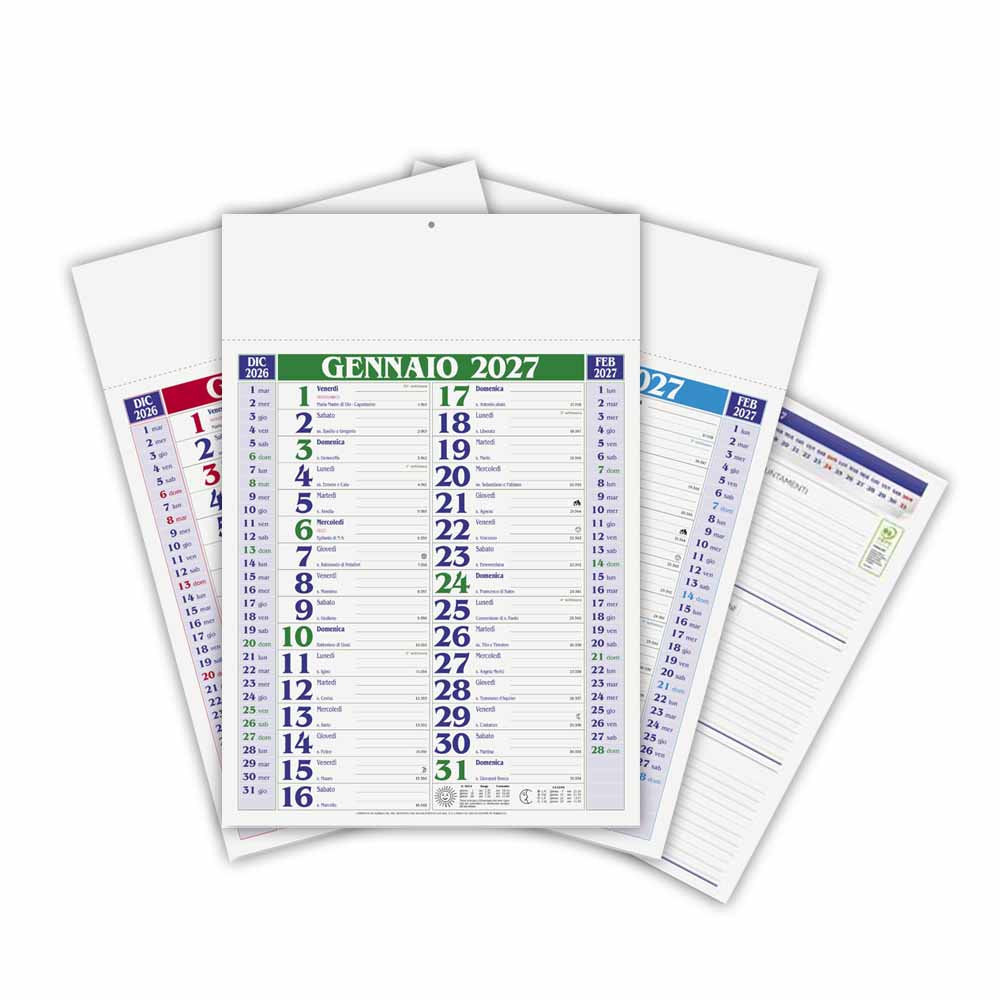 Calendario olandese Medium PA650 nei colori blu rosso e verde con fronte e retro organizzato