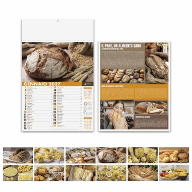 Calendario Pane e Pasta PA138 con fronte, retro informativo e immagini dei 12 mesi