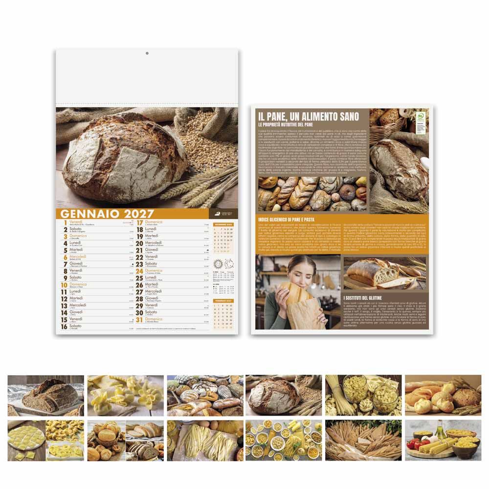 Calendario Pane e Pasta PA138 con fronte, retro informativo e immagini dei 12 mesi