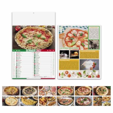 Calendario Pizza PA136 con fronte, retro sulla storia della pizza e immagini dei 12 mesi