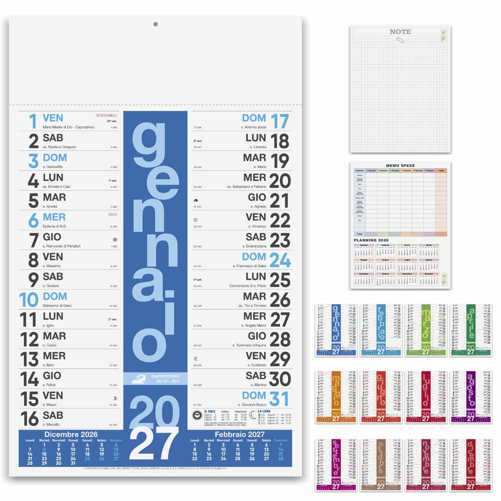 Calendario olandese Colors PA430 personalizzato con pagine frontali multicolor, retro note, memo spese e planning anno successivo