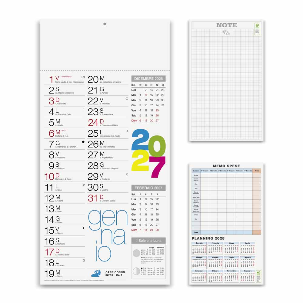 Calendario olandese Shaded Moderno PA654 con fronte, retro note e planning
