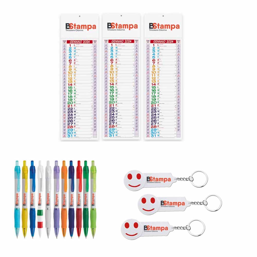 Kit 100 calendari PA670, 100 portachiavi Smile PE124 e 100 penne Jane PD388