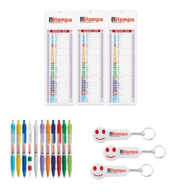 Kit 100 Calendari Slim PA670 - 100 Portachiavi Smile PE124 - 100 Penne PD388