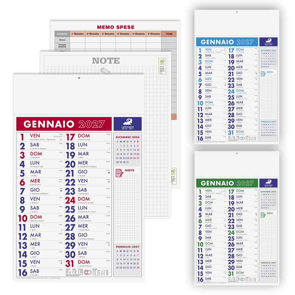 Calendario olandese Notes PA636 nei colori blu rosso e verde con fronte e retro note