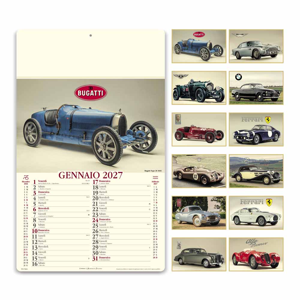 Calendario illustrato Mille Miglia PA023 con auto d'epoca dei 12 mesi