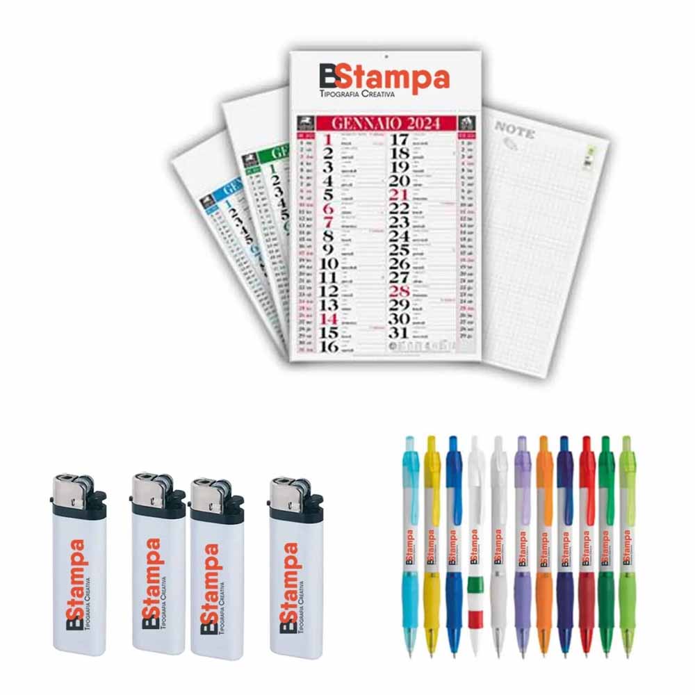 Kit 50 calendari Classic PA640, 50 penne Jane PD388 e 50 accendini PE585