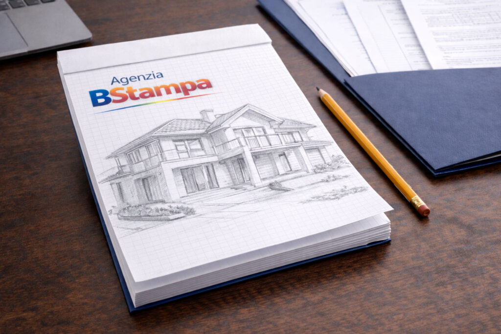 Block notes personalizzato con logo per agenzia immobiliare, appoggiato su scrivania professionale con matita coordinata