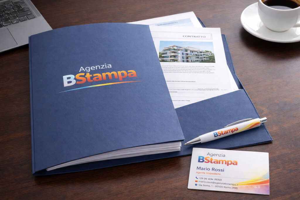 Cartellina porta documenti personalizzata con logo per agenzia immobiliare, appoggiata su scrivania professionale con documenti all'interno