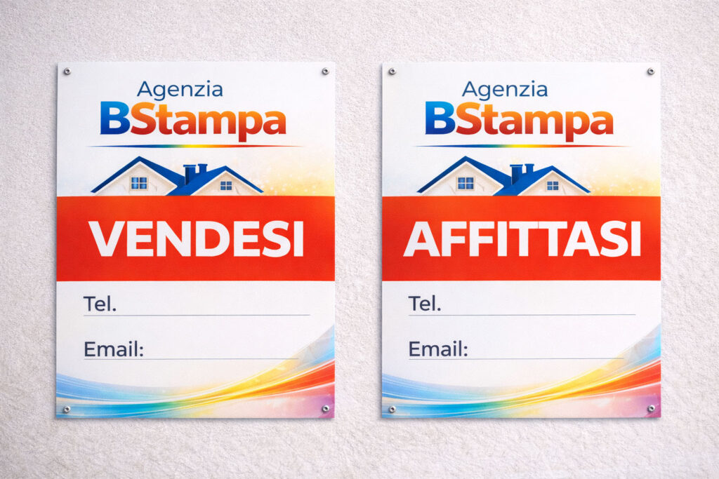 Cartello Vendesi e affittasi personalizzato per agenzia immobiliare con logo e spazio per informazioni