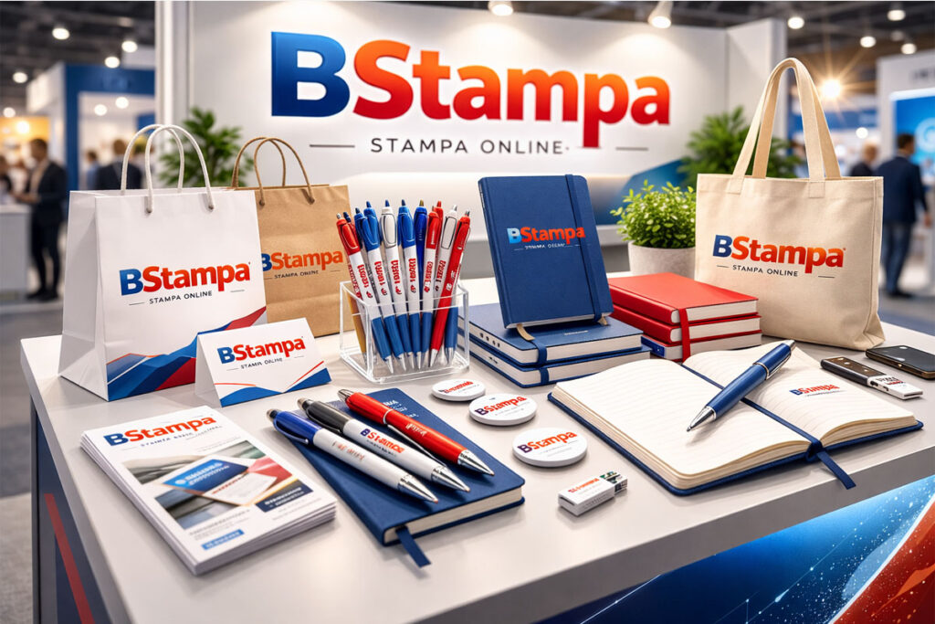 Kit gadget per fiera con shopper, penne e taccuini personalizzati pronti per evento