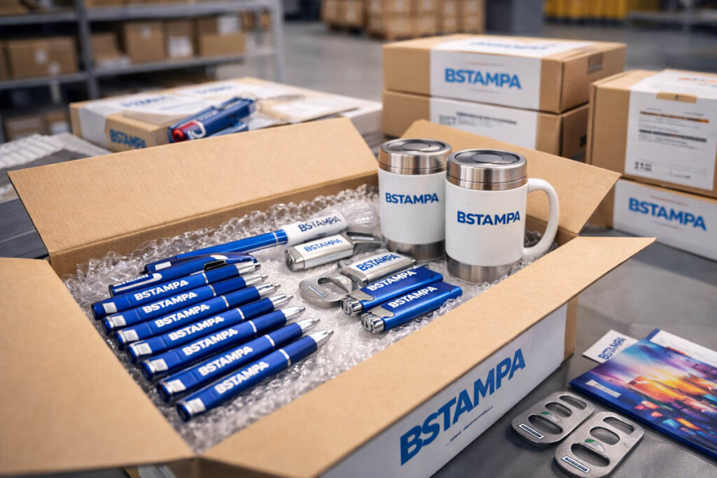 Kit di gadget personalizzati con penne e accendini pronti per la spedizione in packaging professionale