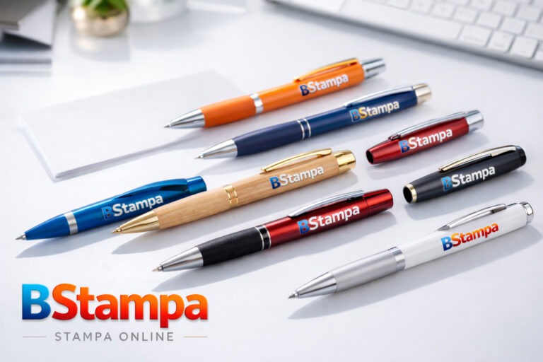Guida alla scelta delle penne personalizzate di BStampa: una selezione di penne in plastica, metallo e legno con loghi stampati