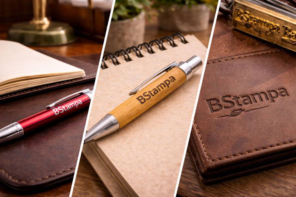 Esempio di personalizzazione con incisione laser: penna in metallo su scrivania, penna in legno incisa e incisione su pelle con logo