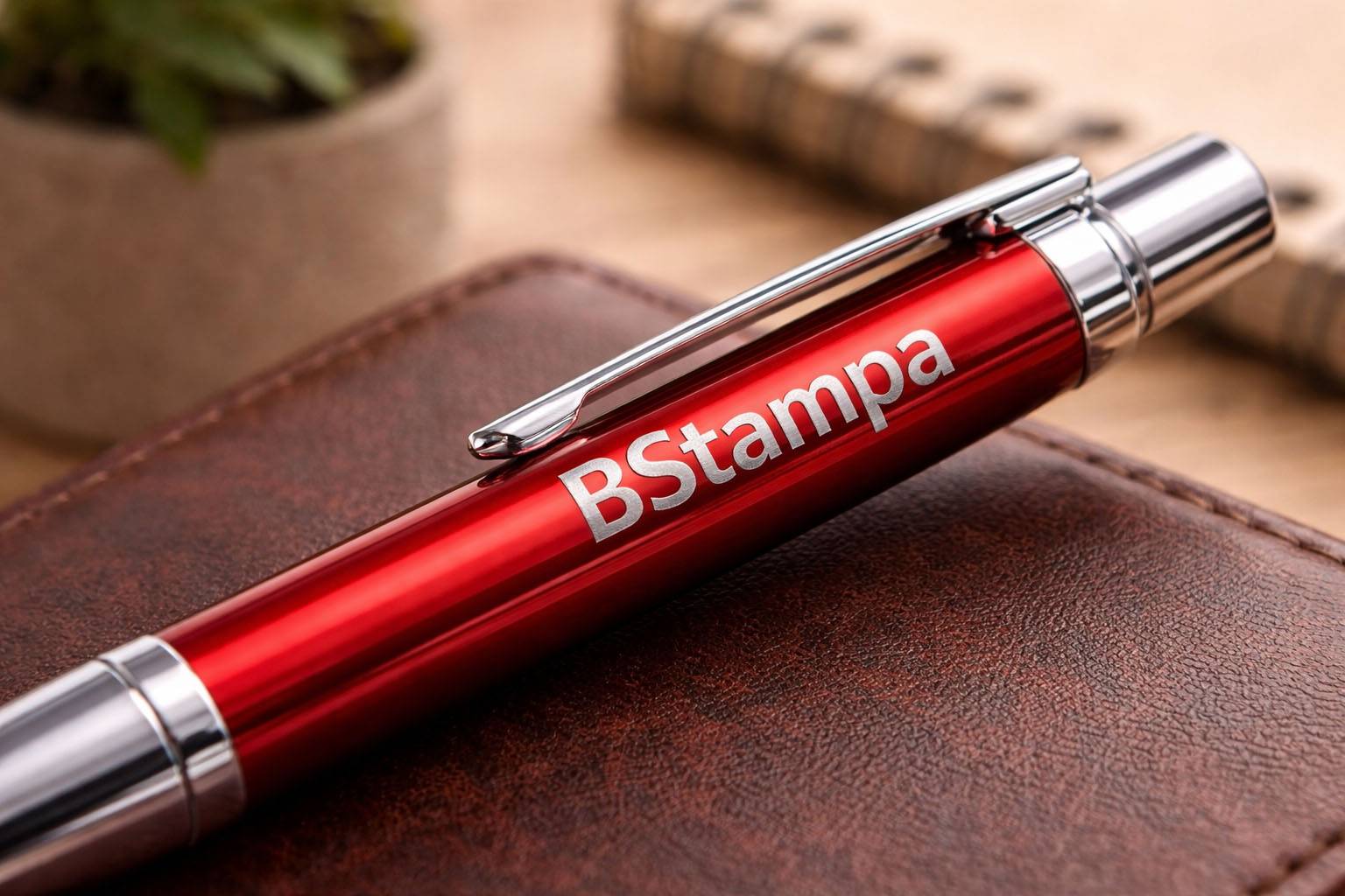 Primo piano di una penna in metallo personalizzata con incisione laser