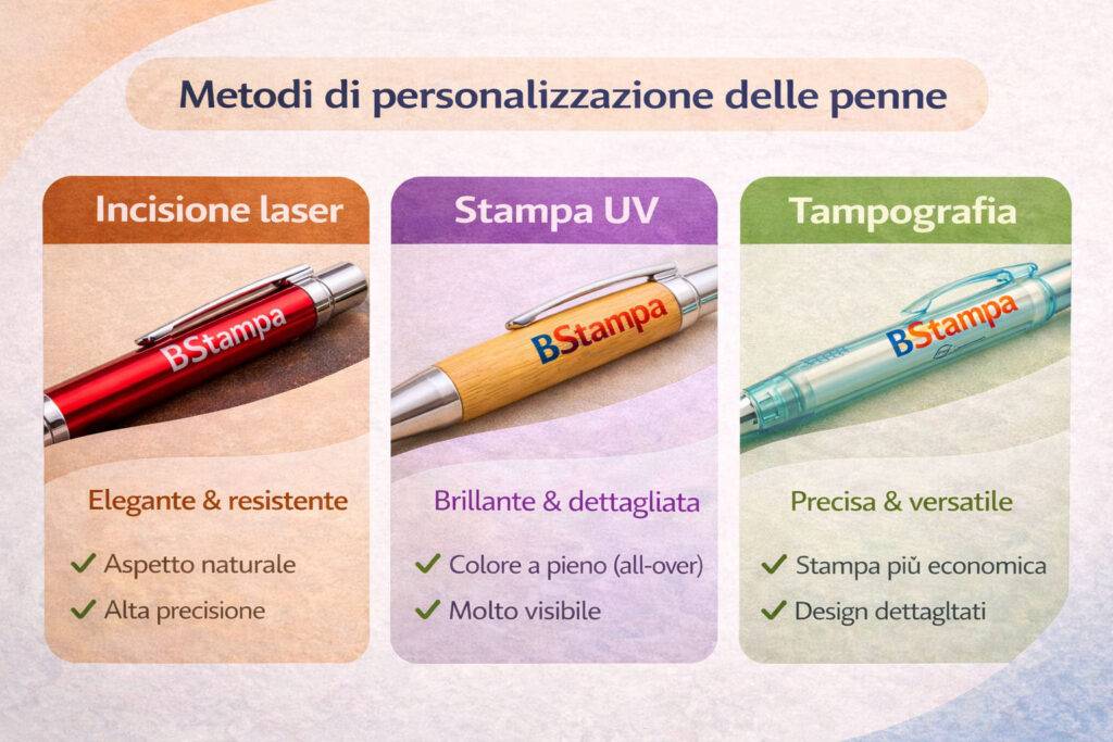 Infografica di confronto tra incisione laser, stampa UV e tampografia su penne personalizzate