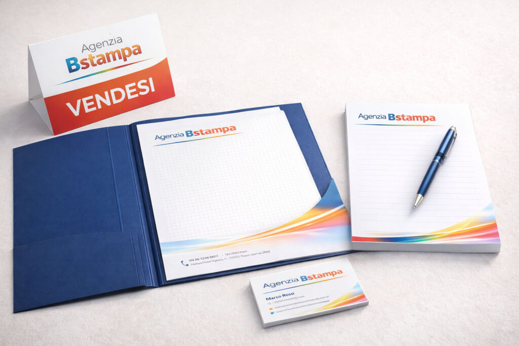 Kit coordinato di prodotti personalizzati per agenzia immobiliare con cartello, cartellina, penna, blocco e biglietti da visita