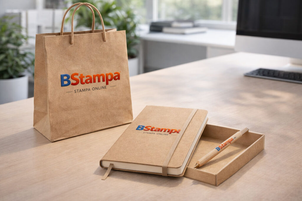 Kit gadget sostenibili con shopper in carta, taccuino e matita personalizzati in materiale eco