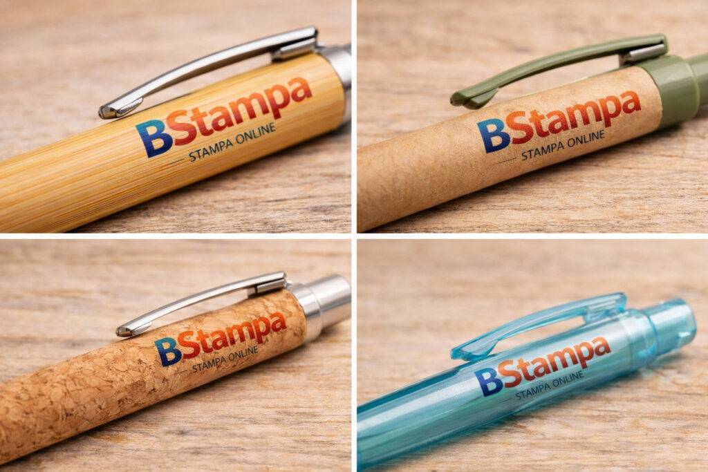Dettaglio dei materiali sostenibili per penne ecologiche personalizzate: bambù, carta riciclata, sughero e plastica riciclata R-PET