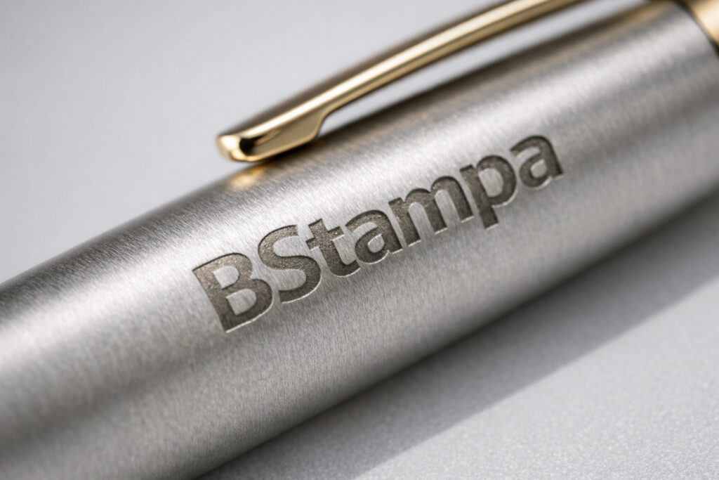 Elegante penna in metallo personalizzata con incisione laser del logo bstampa, perfetta per regali aziendali