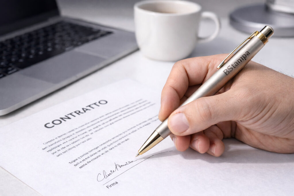 Utilizzo di una penna personalizzata con logo in un contesto professionale, su una scrivania da ufficio