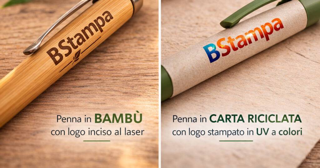 Confronto tra le tecniche di personalizzazione per penne ecologiche: incisione laser su bambù e stampa UV a colori su carta riciclata.