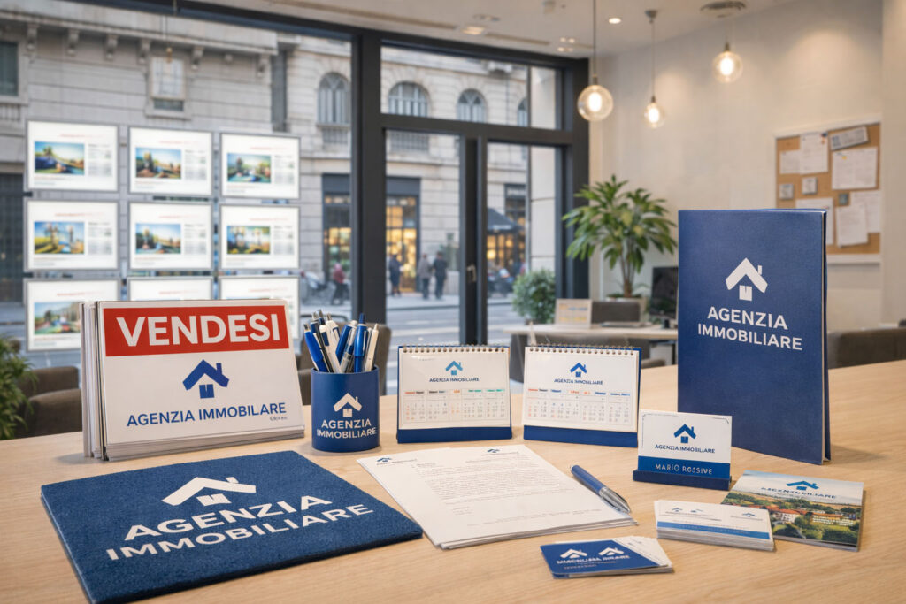 Prodotti personalizzati per agenzia immobiliare con penne, biglietti da visita, calendari, carta intestata, cartelli vendesi, cartelline e zerbino brandizzato