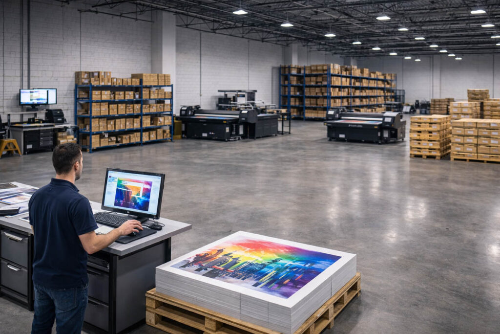 Reparto produzione BStampa con controllo qualità e macchinari di stampa industriale in capannone organizzato