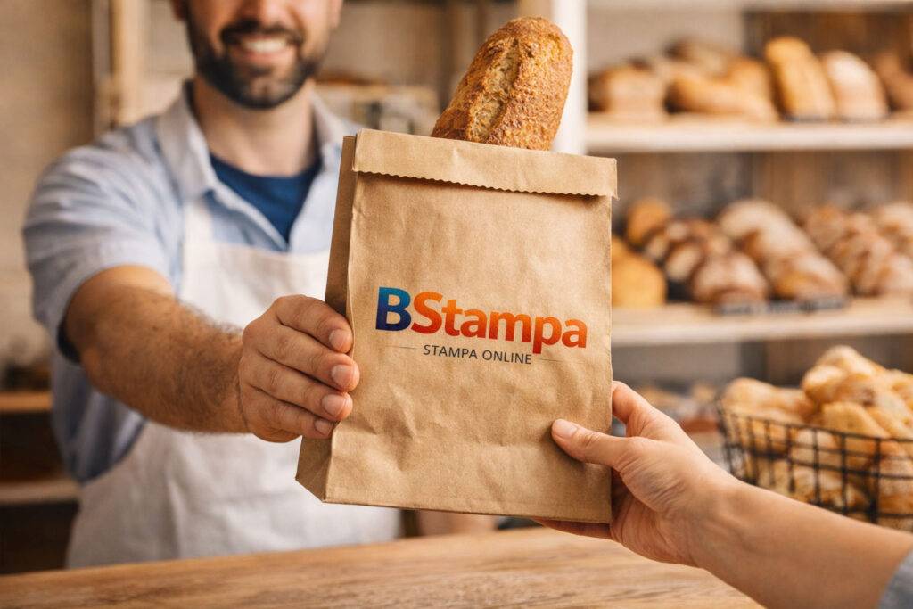 Sacchetto di carta per alimenti personalizzato utilizzato in una panetteria per servire pane e prodotti da forno, con il logo del negozio stampato.