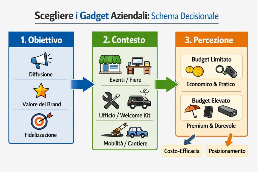 Schema decisionale per scegliere gadget aziendali: obiettivo, contesto e budget
