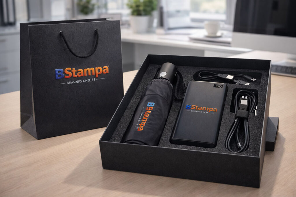 Set regalo business premium con ombrello e powerbank personalizzati in confezione elegante