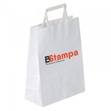 Shopper in carta bianca personalizzata con manico piatto con logo stampato in quadricromia - BStampa